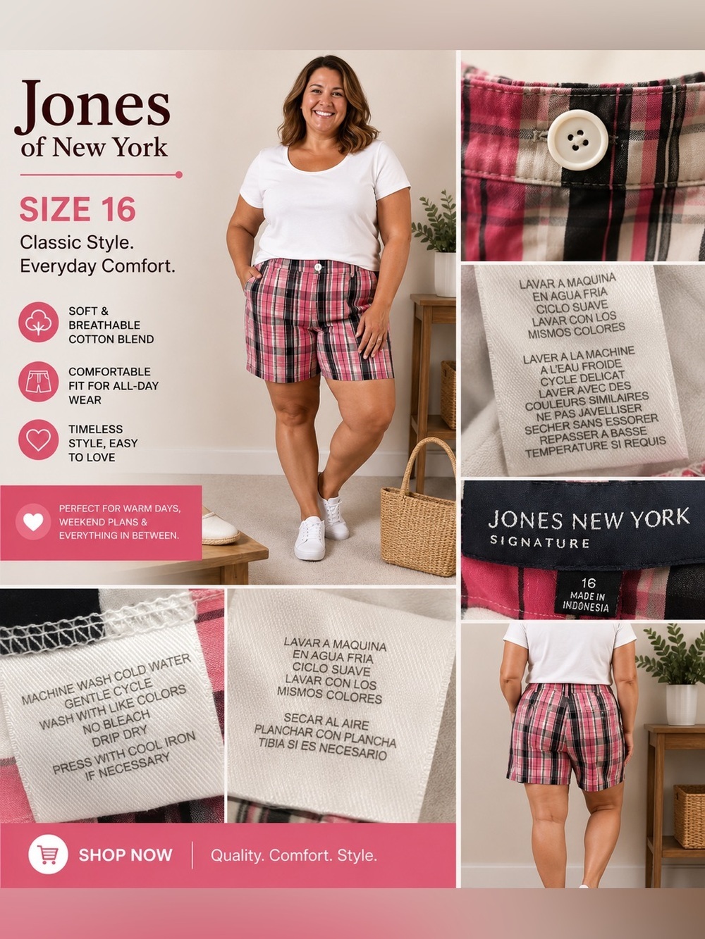 Jones New York Pink Plaid Cotton Blend Shorts